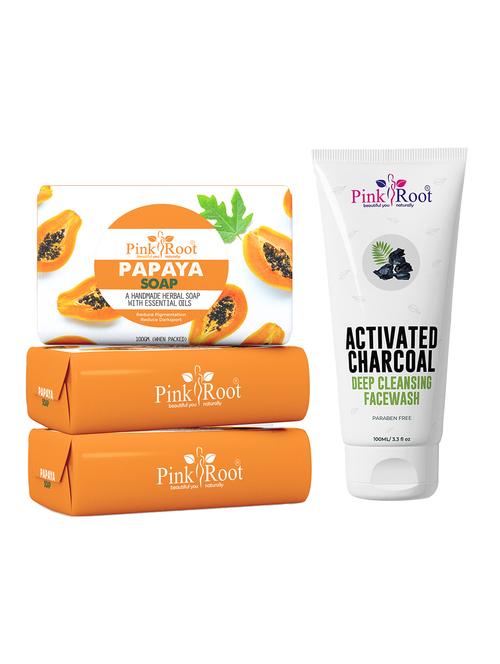 pink root papaya soap 100gm (pack of 3) with pink root activated charcoal deep cleansing face wash 100ml - 18166607 - Very Small Image - 1