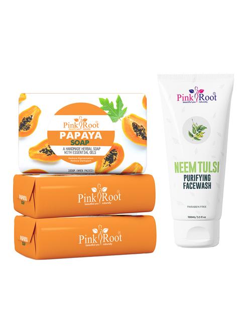pink root papaya soap 100gm (pack of 3) with pink root neem tulsi purifying face wash 100ml - 18166610 - Very Small Image - 1