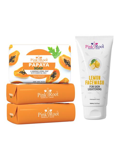 pink root papaya soap 100gm (pack of 3) with pink root lemon face wash 100ml - 18166616 - Very Small Image - 1