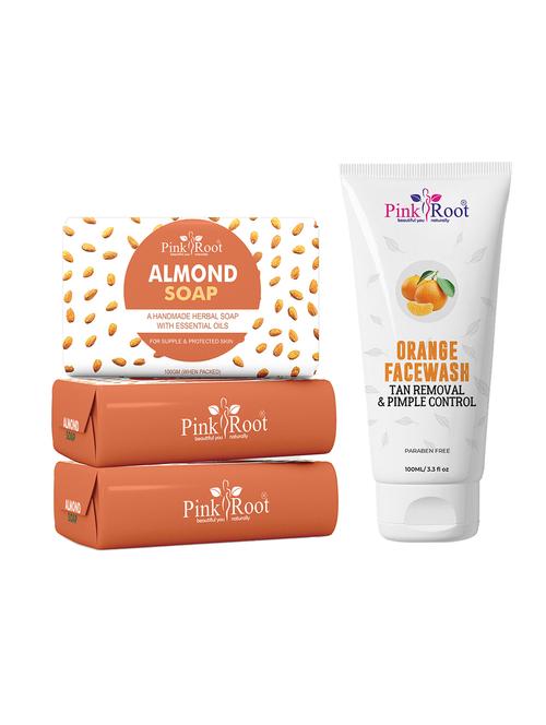 pink root almond soap 100gm (pack of 3) with pink root orange face wash 100ml - 18166617 - Very Small Image - 1