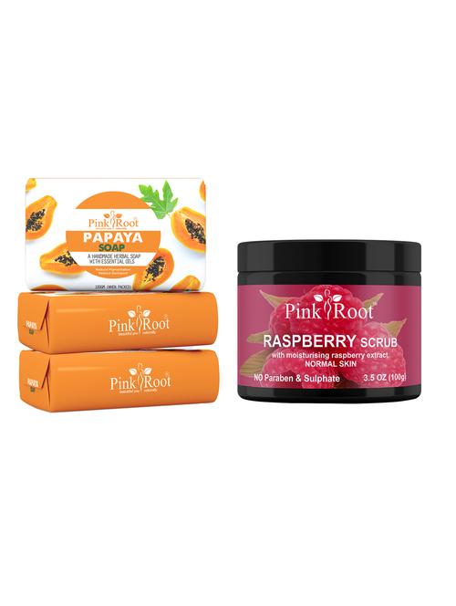 pink root papaya soap 100gm (pack of 3) with pink root raspberry scrub 100gm - 18166637 - Very Small Image - 1