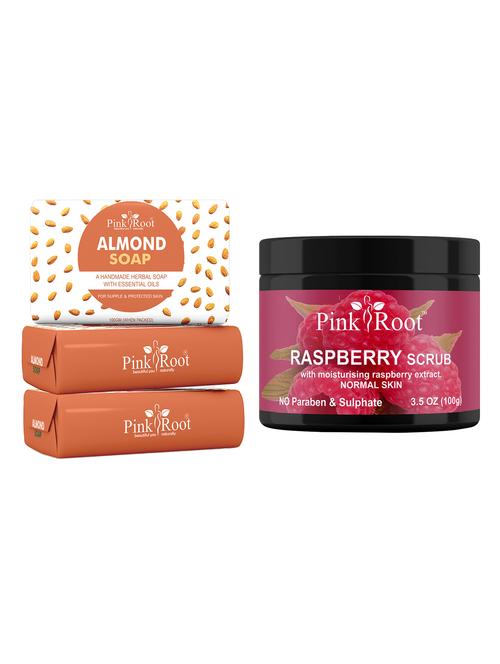 pink root almond soap 100gm (pack of 3) with pink root raspberry scrub 100gm - 18166655 - Very Small Image - 1