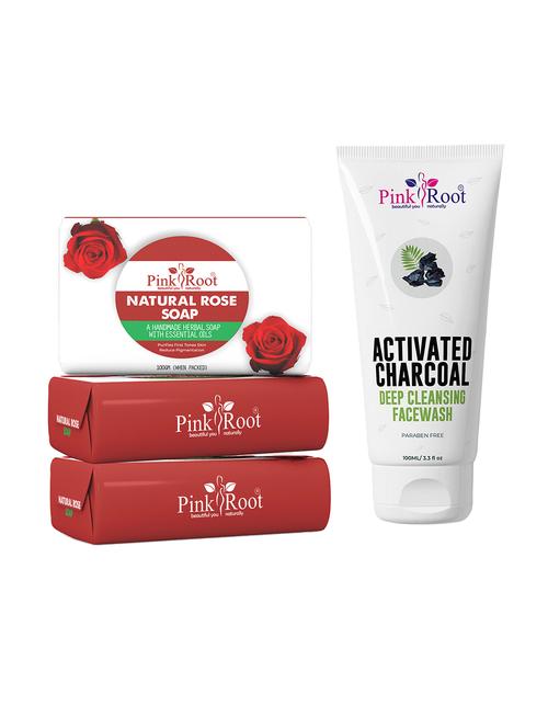 pink root natural rose soap 100gm (pack of 3) with pink root activated charcoal deep cleansing face wash 100ml - 18166798 - Very Small Image - 1