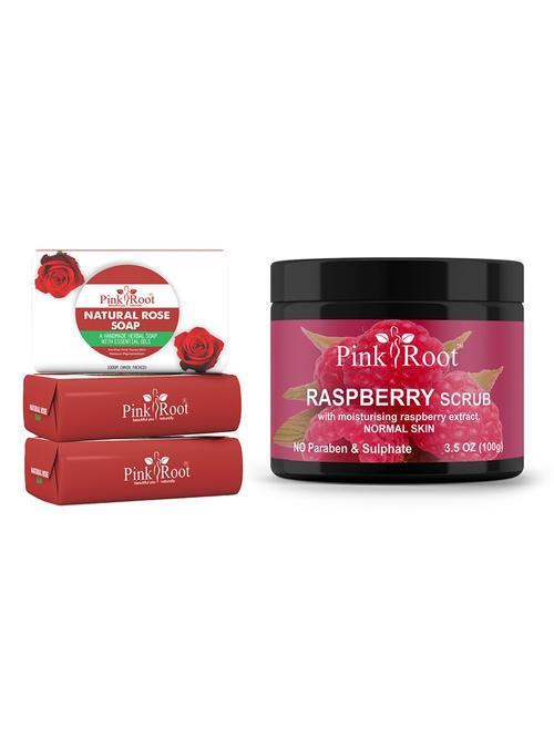pink root natural rose soap 100gm (pack of 3) with pink root raspberry scrub 100gm - 18166828 - Very Small Image - 1