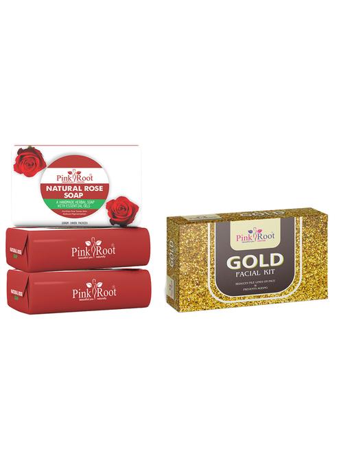 pink root natural rose soap 100gm (pack of 3) with pink root gold facial kit - 18166853 - Very Small Image - 1