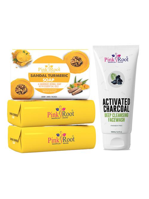 pink root sandal turmeric soap 100gm (pack of 3) with pink root activated charcoal deep cleansing face wash 100ml - 18166984 - Very Small Image - 1