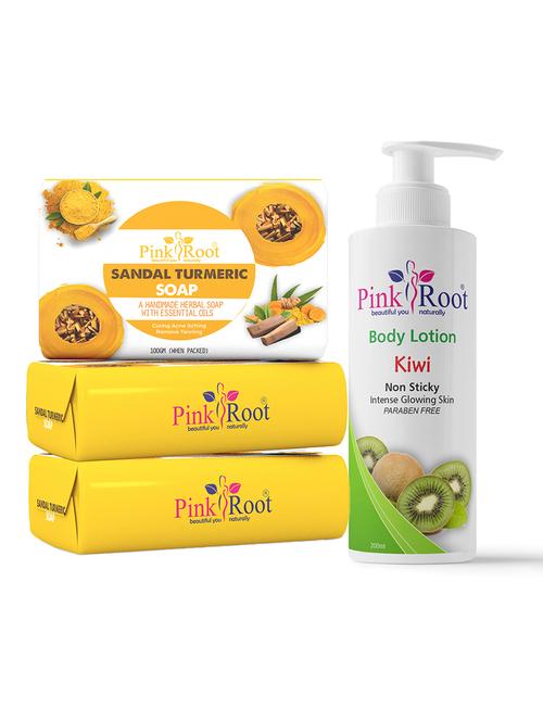 pink root sandal turmeric soap 100gm (pack of 3) with pink root kiwi body lotion 200ml - 18167004 - Very Small Image - 1