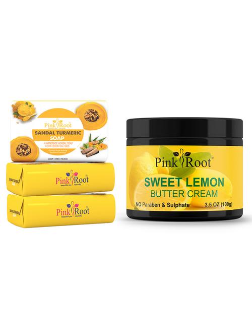 pink root sandal turmeric soap 100gm (pack of 3) with pink root sweet lemon cream 100gm - 18167018 - Very Small Image - 1
