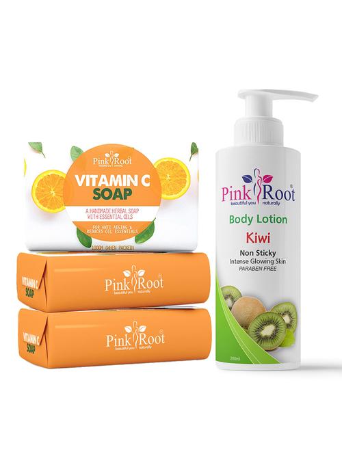 pink root vitamin c soap 100gm (pack of 3) with pink root kiwi body lotion 200ml - 18167201 - Very Small Image - 1