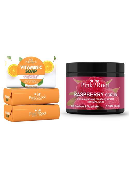 pink root vitamin c soap 100gm (pack of 3) with pink root raspberry scrub 100gm - 18167212 - Very Small Image - 1