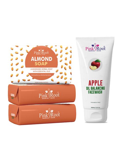 pink root almond soap 100gm (pack of 3) with pink root apple oil balancing face wash 100ml - 18167373 - Very Small Image - 1