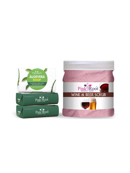 pink root aloevera soap 100gm (pack of 3) with pink root wine & beer scrub 500ml - 18167559 - Very Small Image - 1
