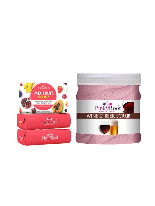 pink root mix fruit soap 100gm (pack of 3) with pink root wine & beer scrub 500ml - 18168329 - Very Small Image - 1