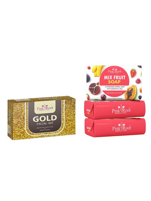 pink root mix fruit soap 100gm (pack of 3) with pink root gold facial kit - 18168387 - Very Small Image - 1