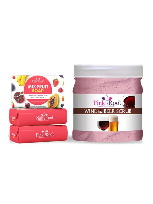 pink root mix fruit soap 100gm (pack of 3) with pink root wine & beer scrub 500ml - 18168465 - Very Small Image - 1