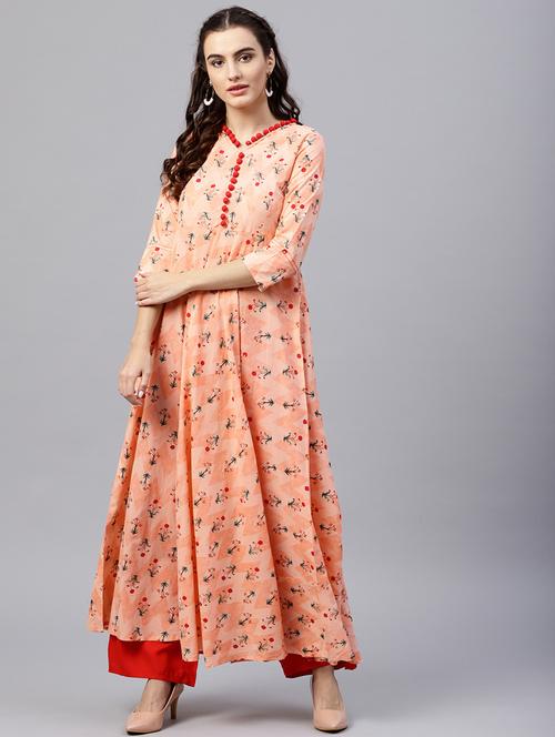 peach cotton flared kurta - 18168834 - Very Small Image - 1