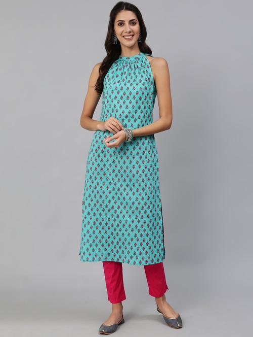 turquoise cotton straight kurta - 18168873 - Very Small Image - 1