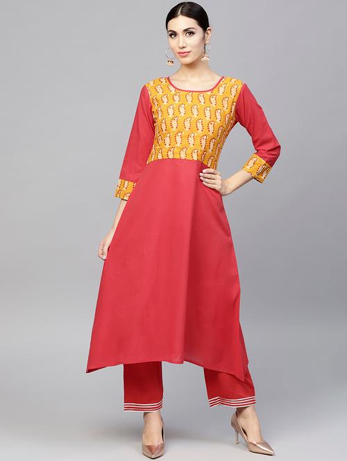 red cotton kurta palazzo set - 18168890 - Very Small Image - 1