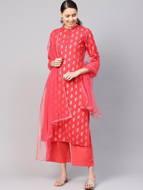 fuchsia cotton kurta palazzo set - 18168892 - Very Small Image - 1