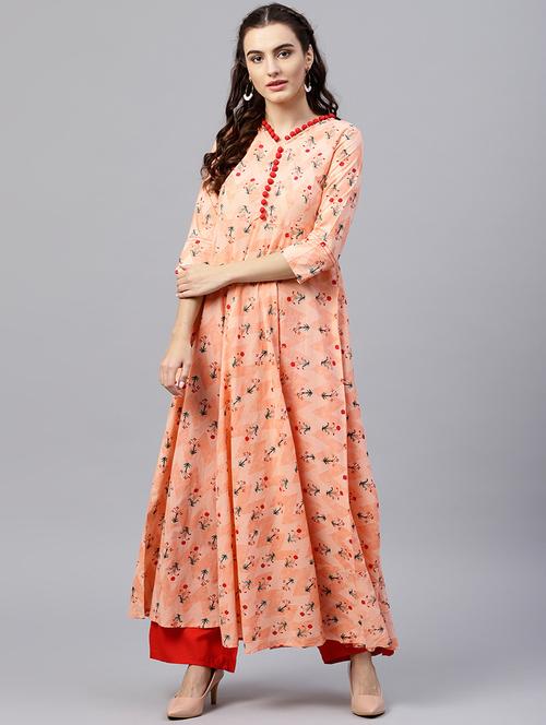 peach cotton kurta palazzo set - 18168914 - Very Small Image - 1