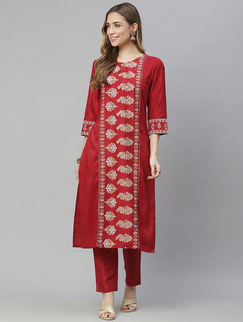 red art silk kurta pant set - 18170470 - Very Small Image - 1