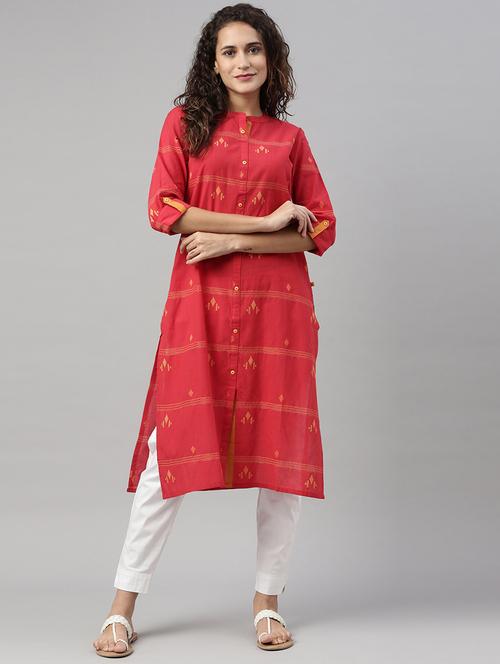 red cotton blend straight kurta - 18171059 - Very Small Image - 1