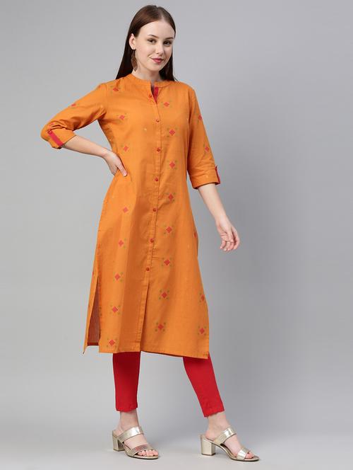 yellow cotton blend straight kurta - 18171061 - Very Small Image - 1
