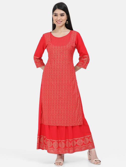 red printed anarkali kurta - 18171278 - Very Small Image - 1