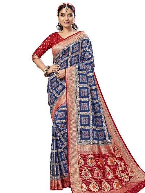 navy silk patola saree with blouse - 18171315 - Very Small Image - 1
