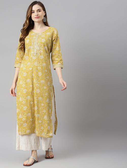 yellow cotton straight kurta - 18171922 - Very Small Image - 1