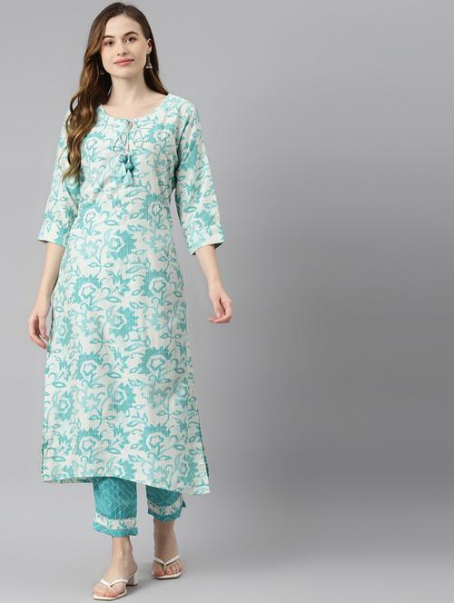 cream cotton blend kurta pant set - 18171945 - Very Small Image - 1