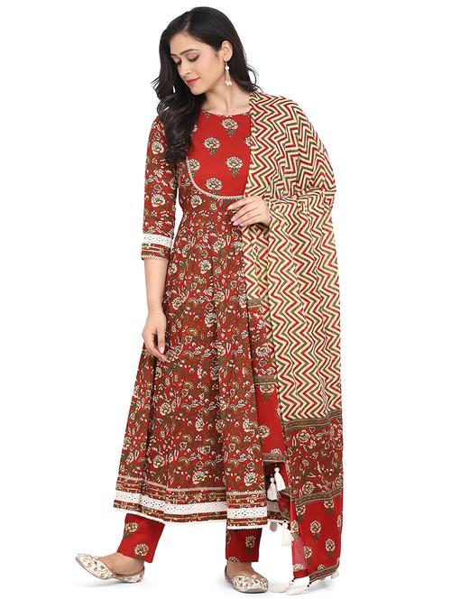 red cotton kurta dupatta set - 18172374 - Very Small Image - 1