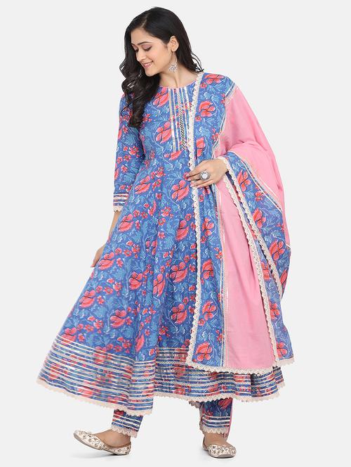 blue cotton kurta dupatta set - 18172382 - Very Small Image - 1