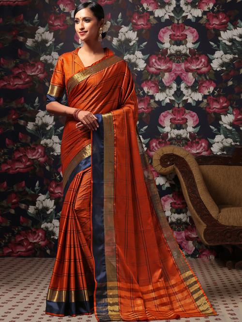 orange cotton silk kanjivaram saree with blouse - 18172479 - Very Small Image - 1