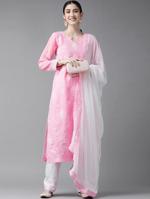 ada hand embroidered pink/white cotton lucknowi chikankari unstitched suit piece - 18172880 - Very Small Image - 1