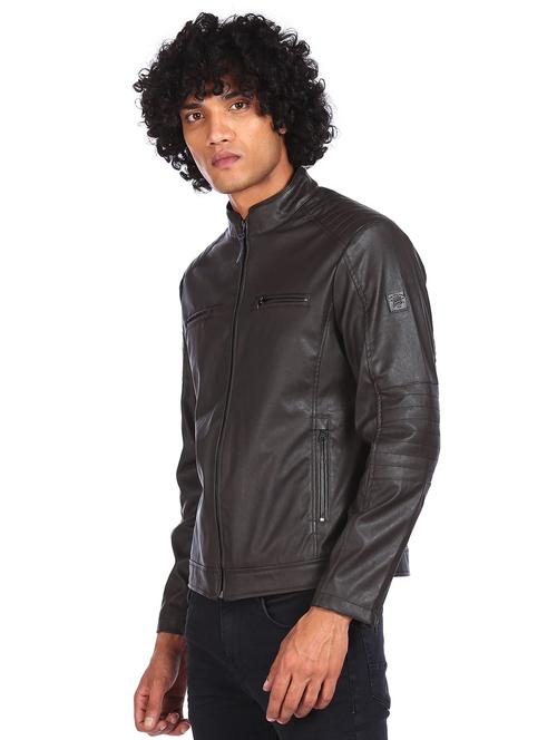 brown solid biker jacket - 18177995 - Very Small Image - 1