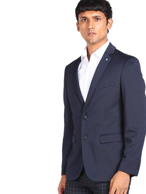 navy blue solid single breasted casual blazer - 18178079 - Very Small Image - 1