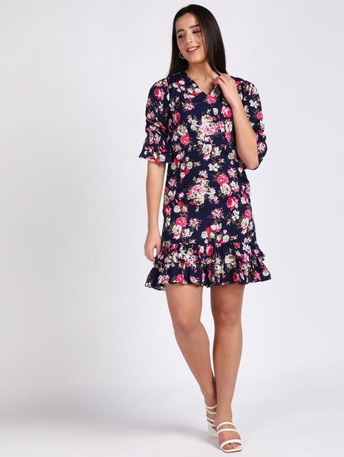 overlap neck floral wrap dress - 18178301 - Very Small Image - 1