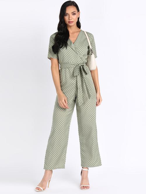 tie front polka dot full leg jumpsuit - 18178400 - Very Small Image - 1