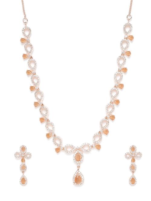 peach-colored rose gold-plated ad-studded handcrafted jewellery set - 18179466 - Very Small Image - 1