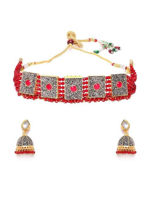 red & gunmetal-toned gold-plated stone-studded handcrafted jewellery set - 18179473 - Very Small Image - 1