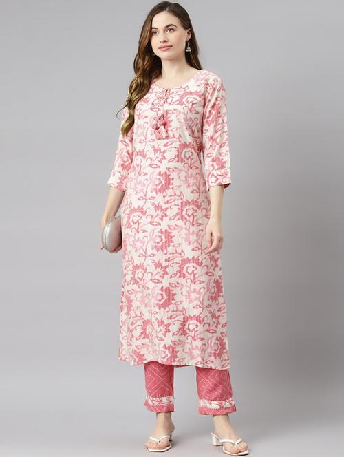 cream cotton blend kurta pant set - 18181309 - Very Small Image - 1