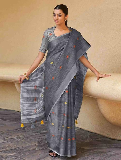 grey linen saree - 18181459 - Very Small Image - 1