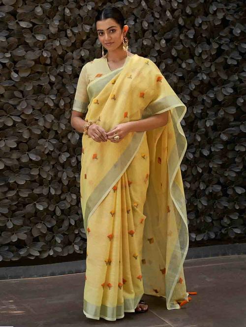 yellow linen saree - 18181460 - Very Small Image - 1