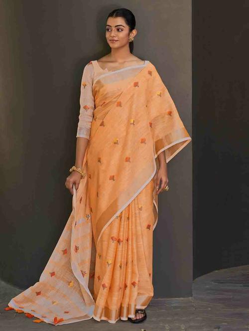 orange linen saree with blouse - 18181463 - Very Small Image - 1