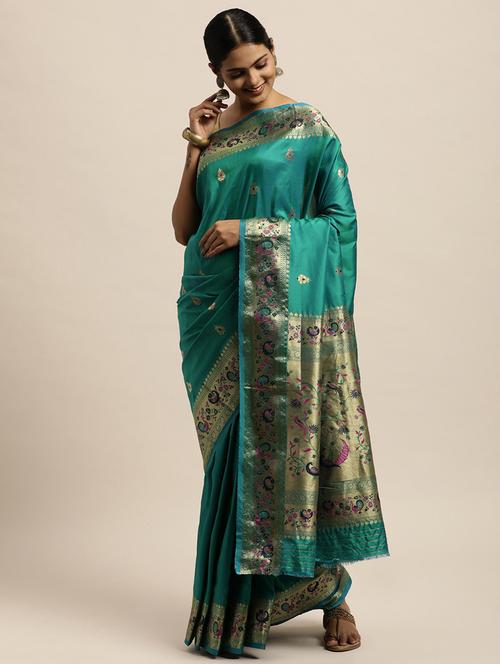 turquoise self design woven saree - 18181487 - Very Small Image - 1