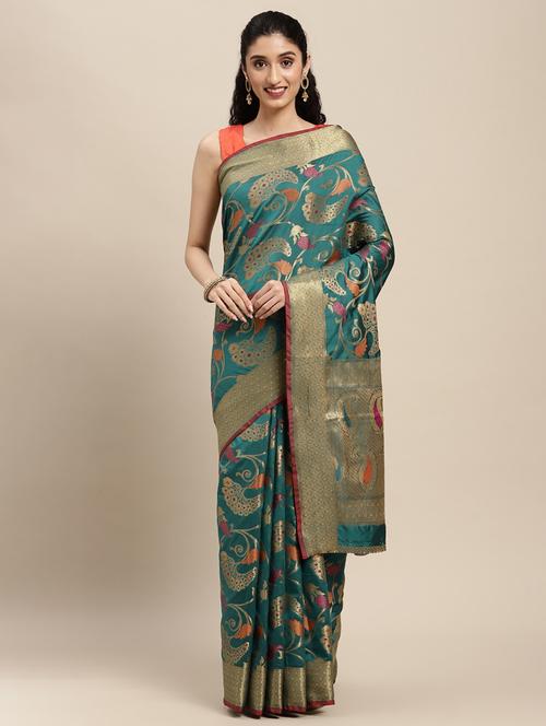 teal self design woven saree - 18181564 - Very Small Image - 1