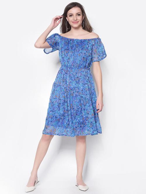off shoulder printed fit & flare dress - 18181762 - Very Small Image - 1