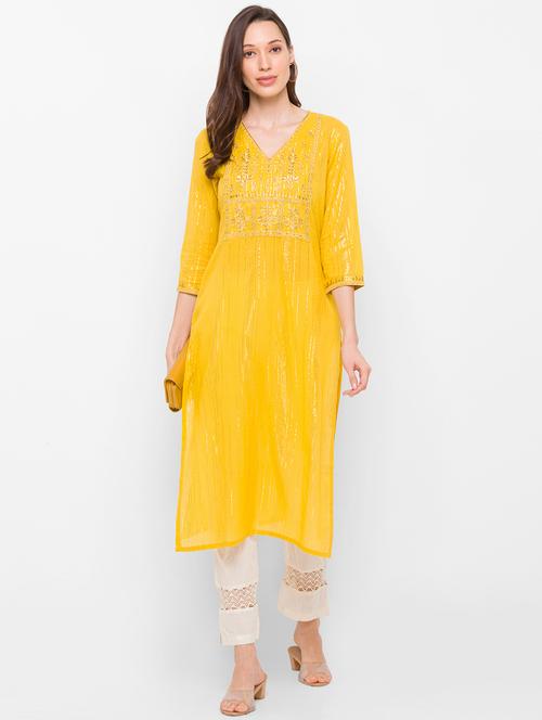 yellow cotton straight kurta - 18182361 - Very Small Image - 1