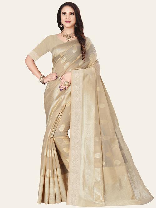 cream linen kanjivaram saree with blouse - 18183341 - Very Small Image - 1